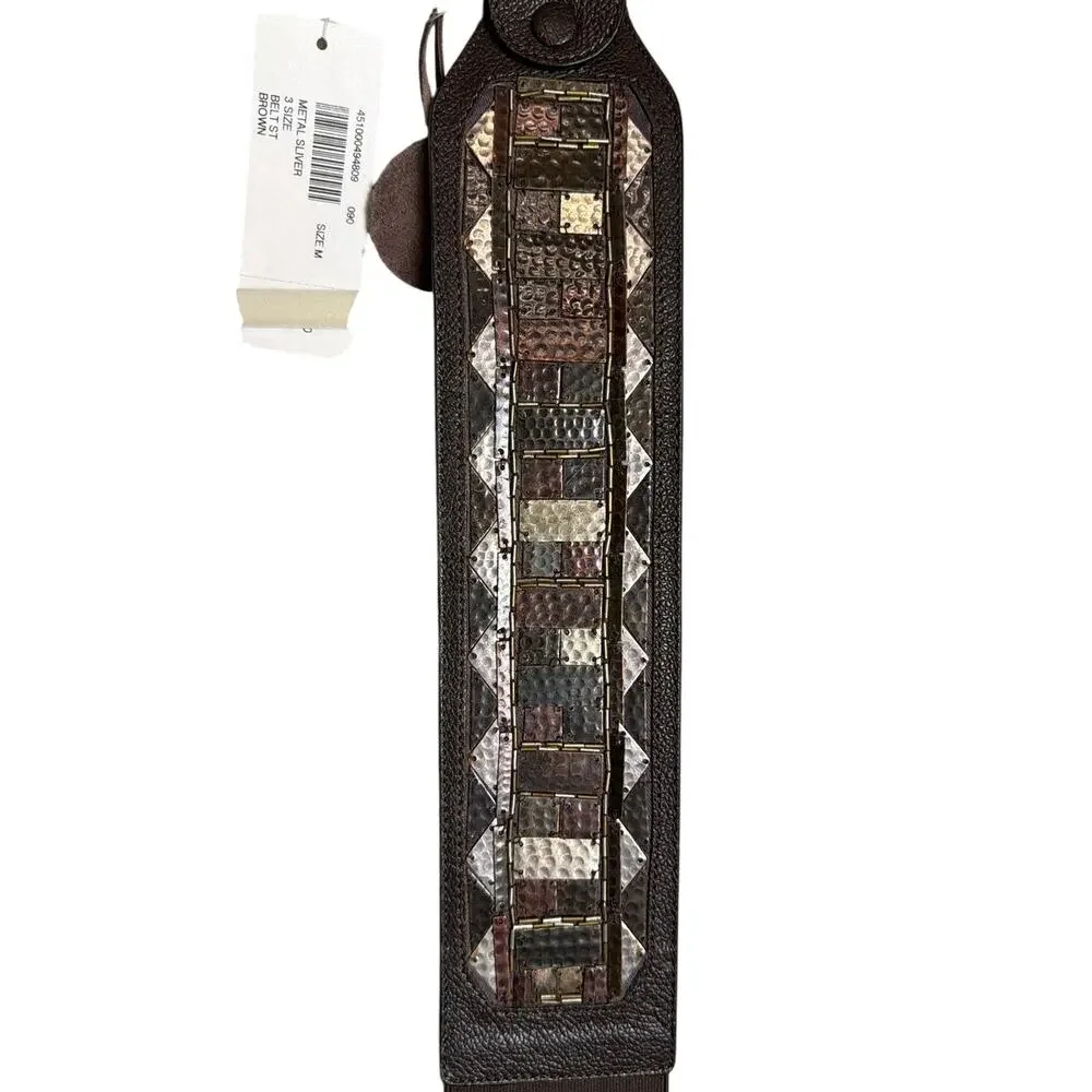 Chico's NWT Artisan Hammered Mixed Metal Stretch Belt Brown Leather Size 3 M